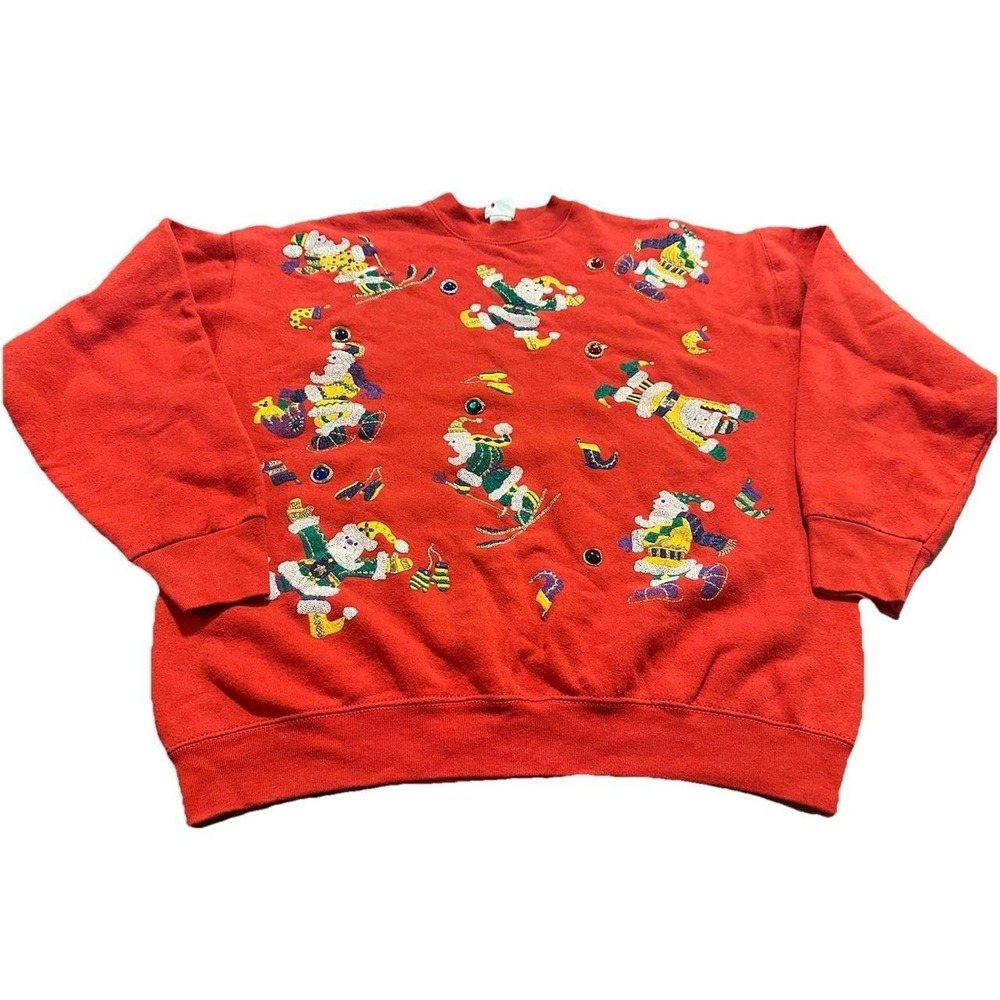 Vintage Santa Christmas Sweatshirt Red Jeweled Ugly Christmas Sweater Rare XL